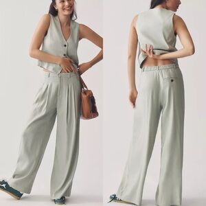 Anthropologie Light Sage Wide-Leg Pleated Trousers